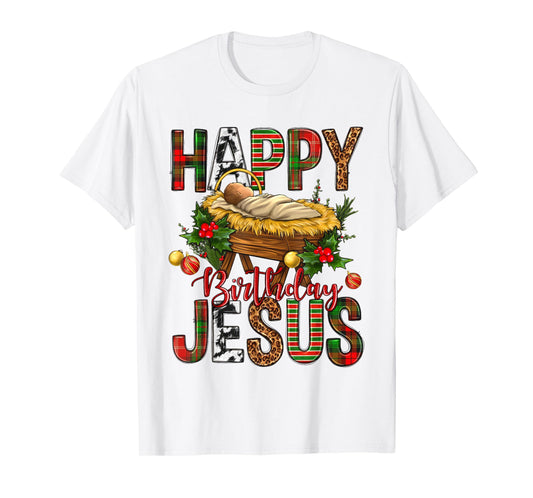 Happy Birthday Jesus Christmas Christ Cow Print Mens Womens T-Shirt