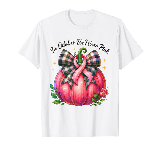 Bow Tie Pumpkin in October We Wear Pink Ribbon Breast Cancer T-Shirt