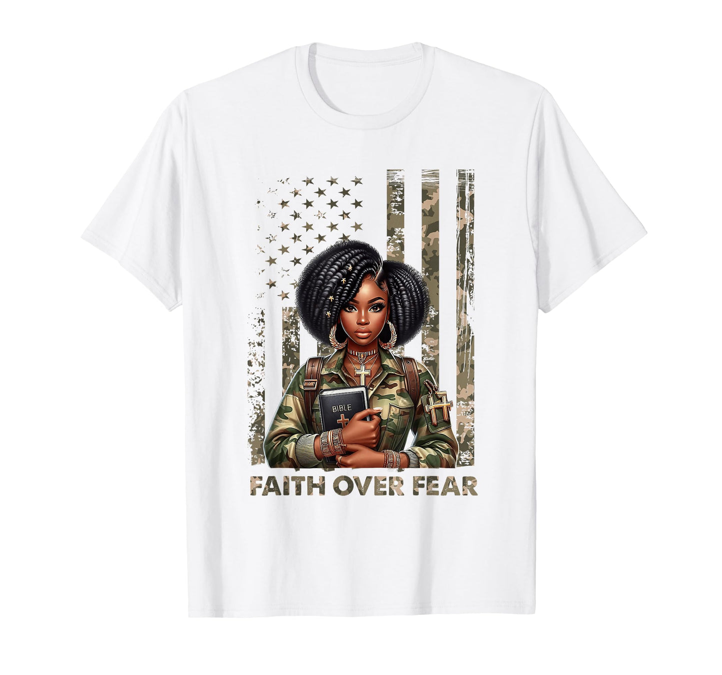 Faith Over Fear Christian Camo African American Afro Women T-Shirt
