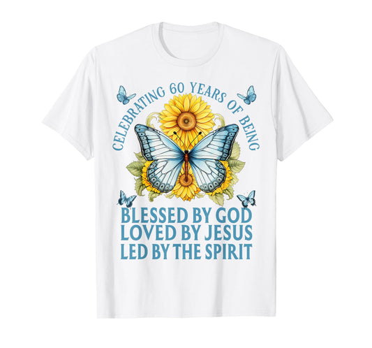 Blessed By God For 60 Years Blue Butterfly With Sunflowers T-Shirt