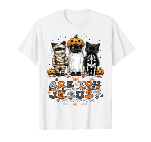 Christian Halloween are You Falloween Jesus Cute Retro Cats T-Shirt