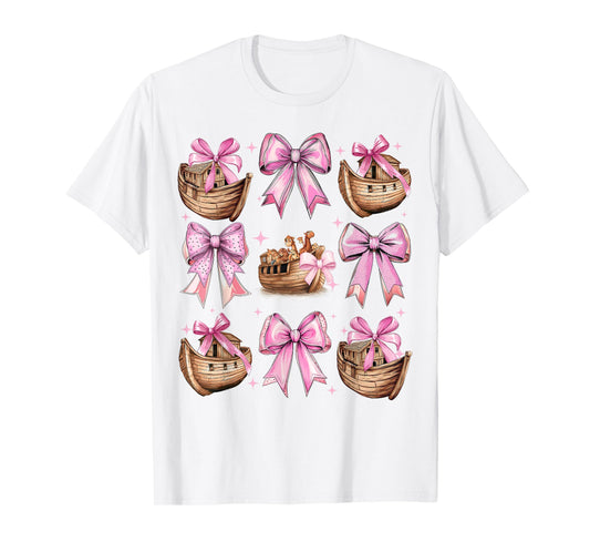 Coquette Bow Noah's Ark Christian Animals Girl Mom Pink T-Shirt