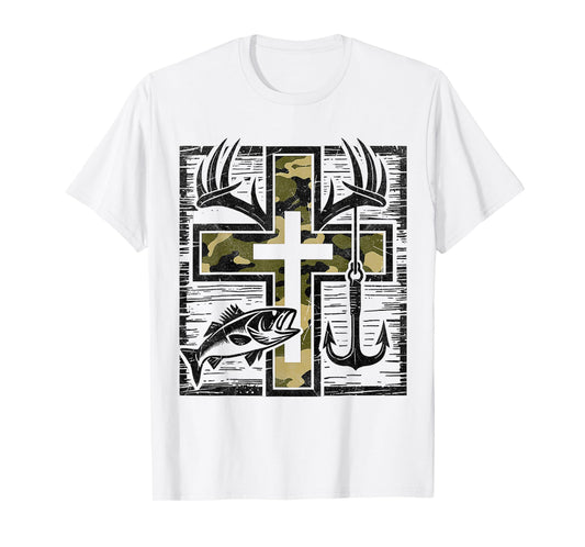 Faith Fishing Hunting Camo Cross Bass Hook Christian Gifts T-Shirt