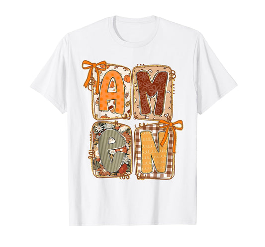 Preppy Fall Amen Jesus Coquette Bow Christian Thanksgiving T-Shirt