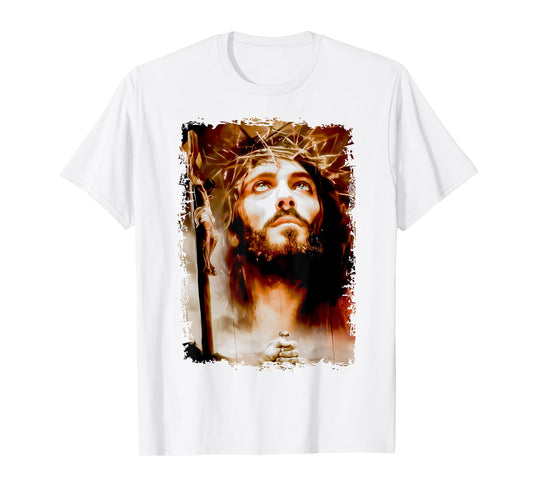 MexiColor Face of Jesus Christ Crown of Thorns Catholic Faith T-Shirt, Small, White