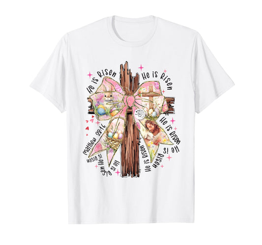 He Is Risen Lace Cross Coquette Bow Jesus Easter Christian T-Shirt