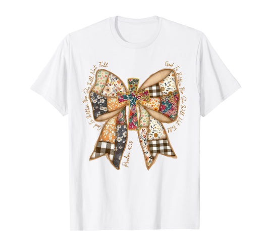 Coquette Bow Patchwork Thankful Christian Jesus Thanksgiving T-Shirt