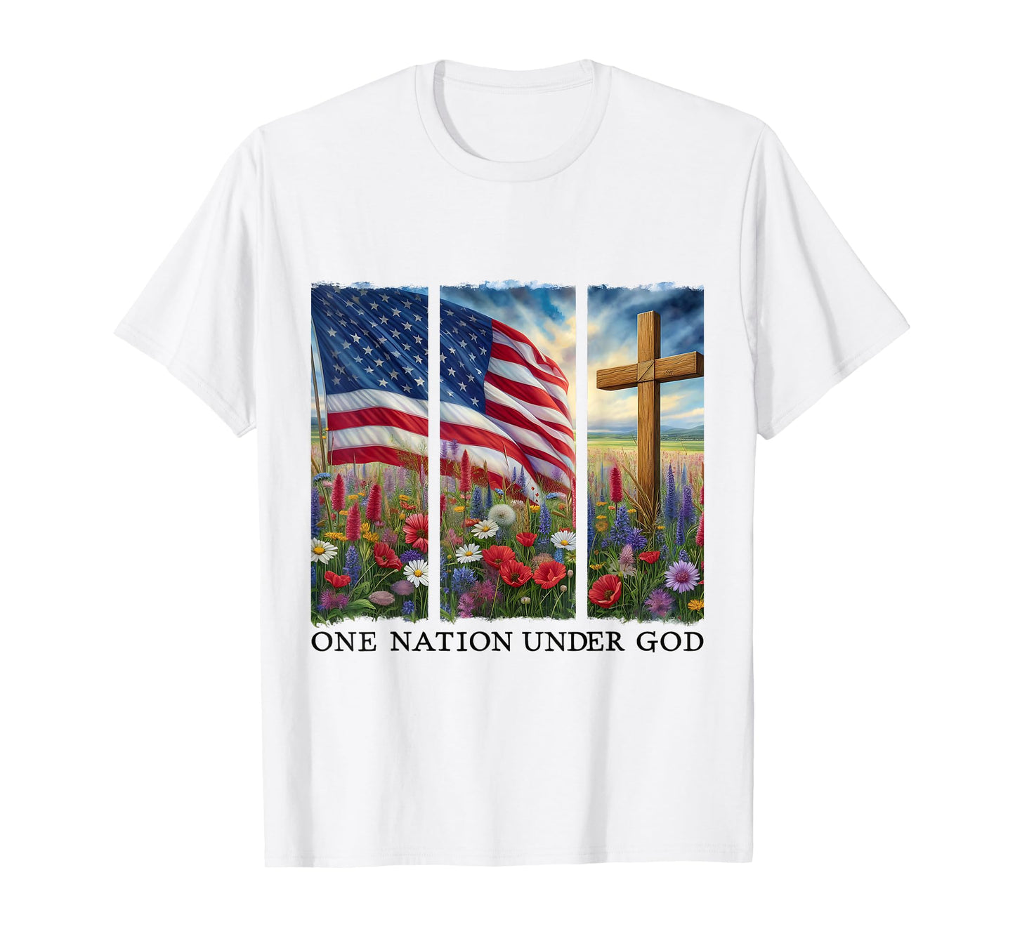 Christian Women 4th of July One Nation Under God Cross T-Shirt