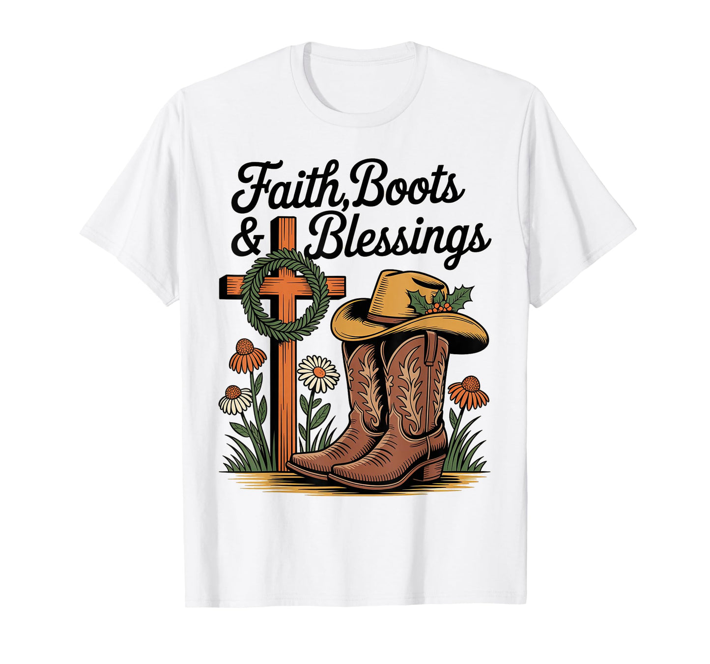 Faith Boots and Blessings Woodcut Rustic Retro Christmas T-Shirt