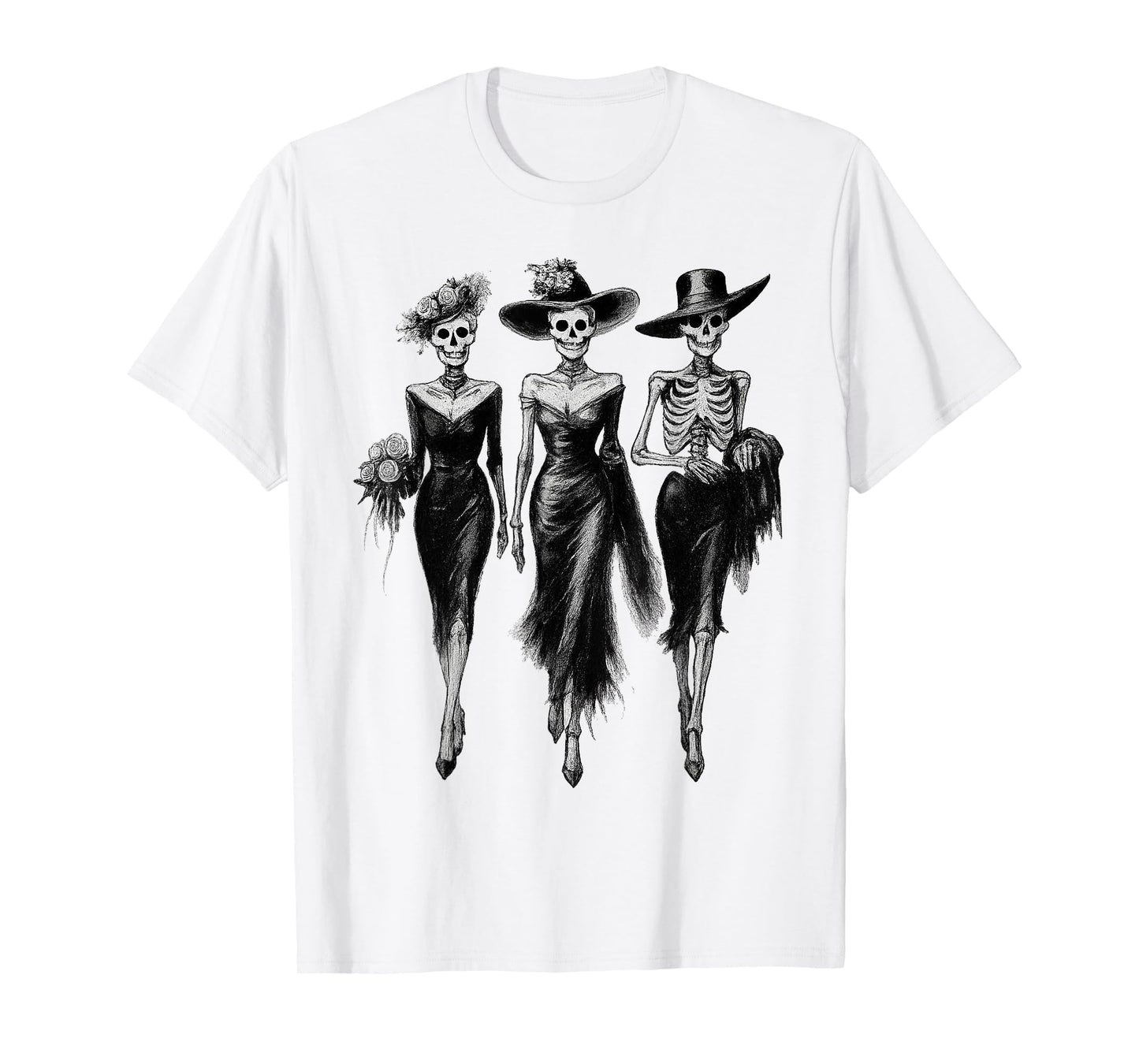 Halloween Skeleton Ladies in Dresses Women Spooky Gothic T-Shirt