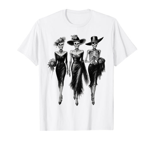 Halloween Skeleton Ladies in Dresses Women Spooky Gothic T-Shirt