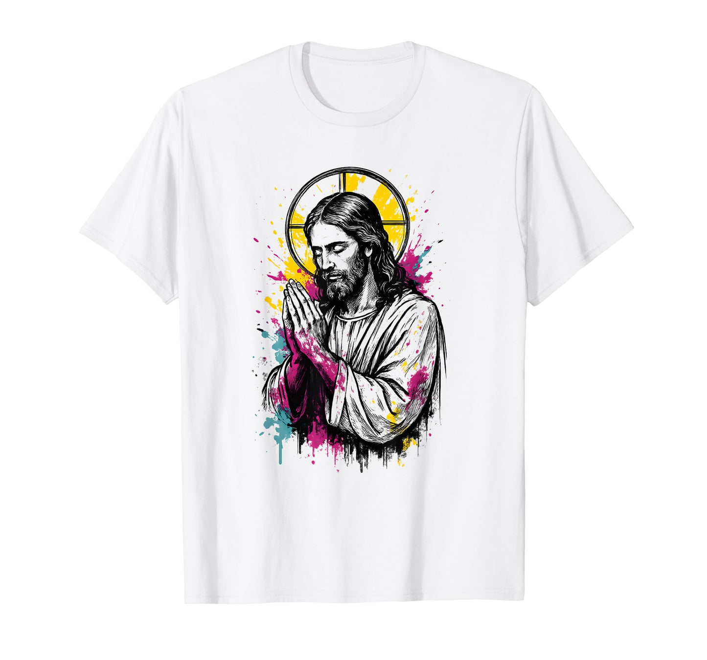 Jesus Christ Spiritual Art Faith Praying Hands Color Splash T-Shirt