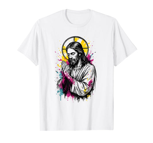 Jesus Christ Spiritual Art Faith Praying Hands Color Splash T-Shirt