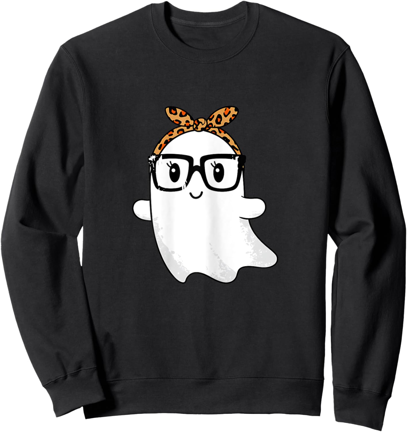 Leopard Bandana Ghost with Glasses Girls Cute Spooky Costume Sweatshirt - Sweatshirt | Black