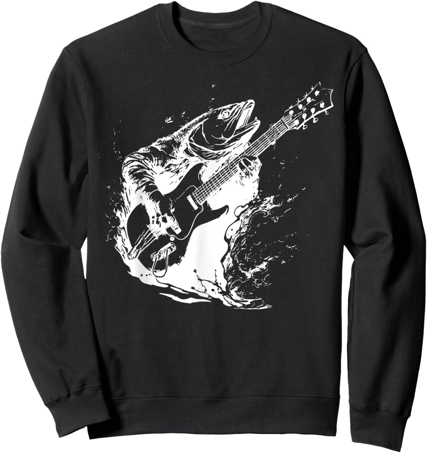 Retro Trout Playing Guitar Funny Fish Guitarist Music Lovers Sweatshirt - Sweatshirt | Black