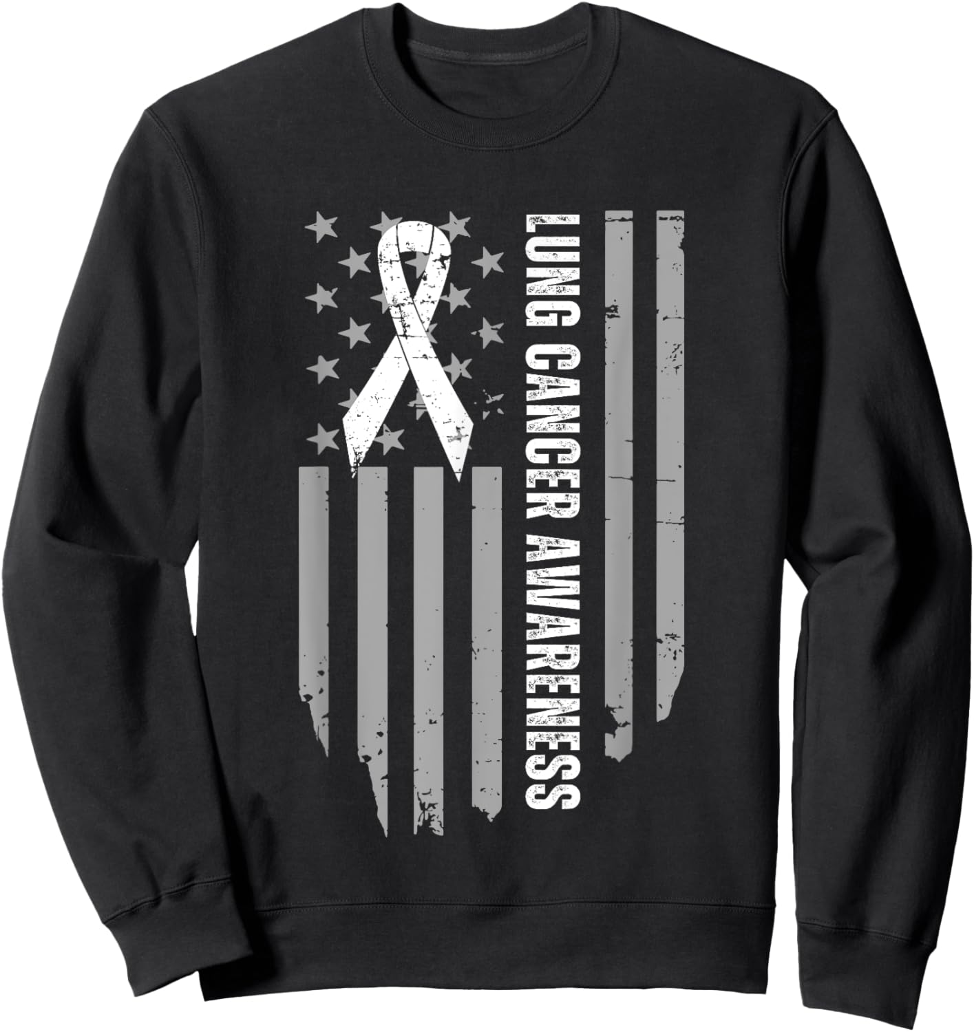 Vintage Lung Cancer Awareness American Flag White Ribbon Sweatshirt - Sweatshirt | Black