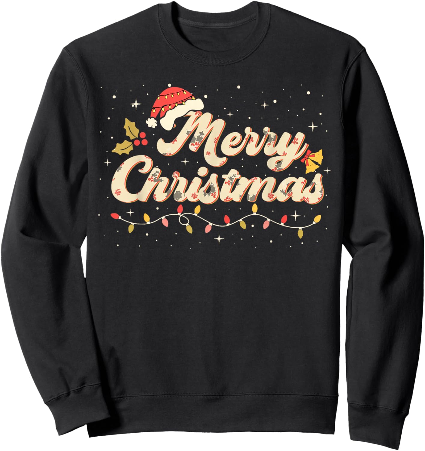 Merry Christmas Lights Red Santa Hat Xmas Family Sweatshirt - Sweatshirt | Black