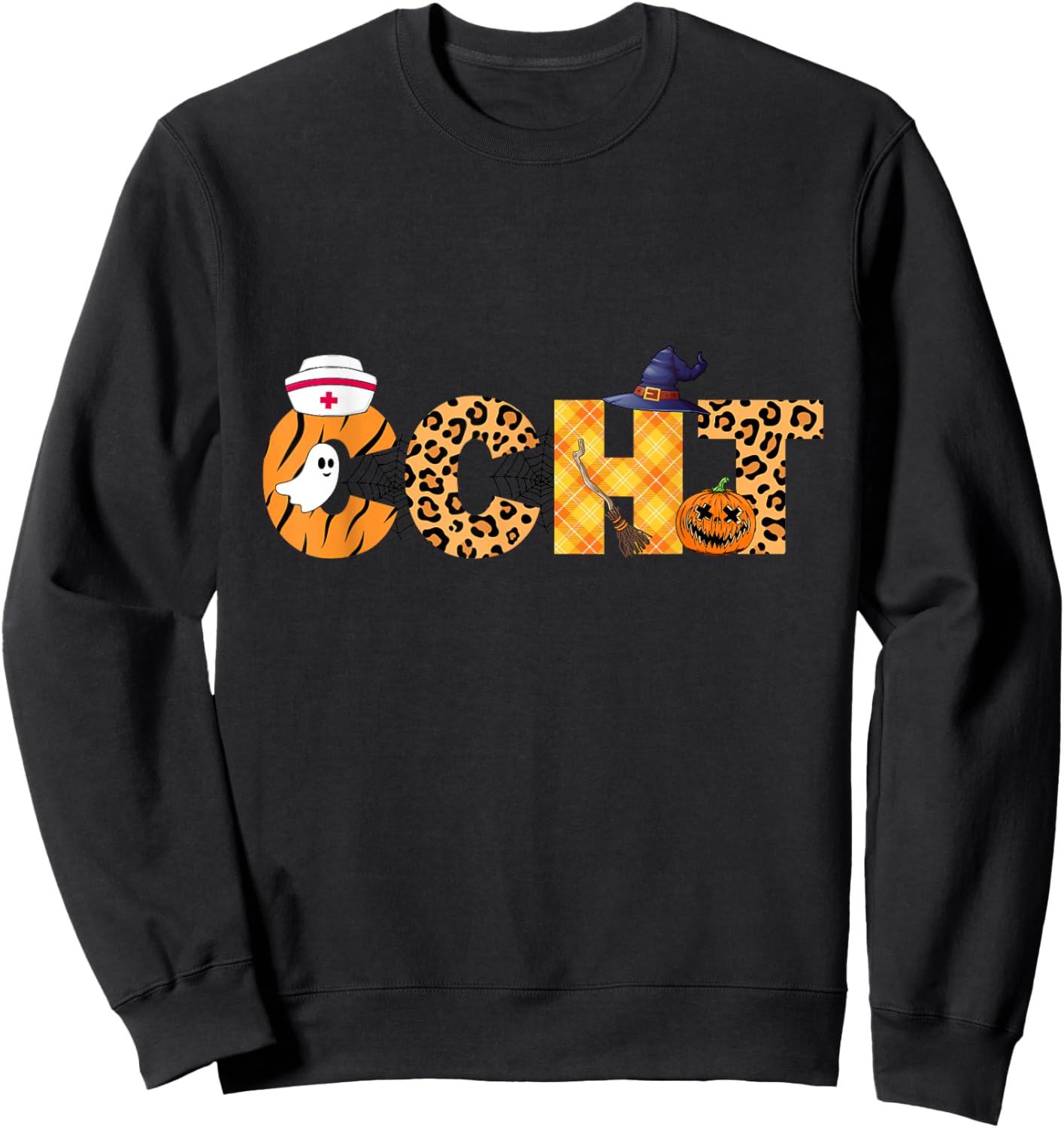 Leopard Ghost CCHT Halloween Costume Fall Scrub Top Women Sweatshirt - Sweatshirt | Black