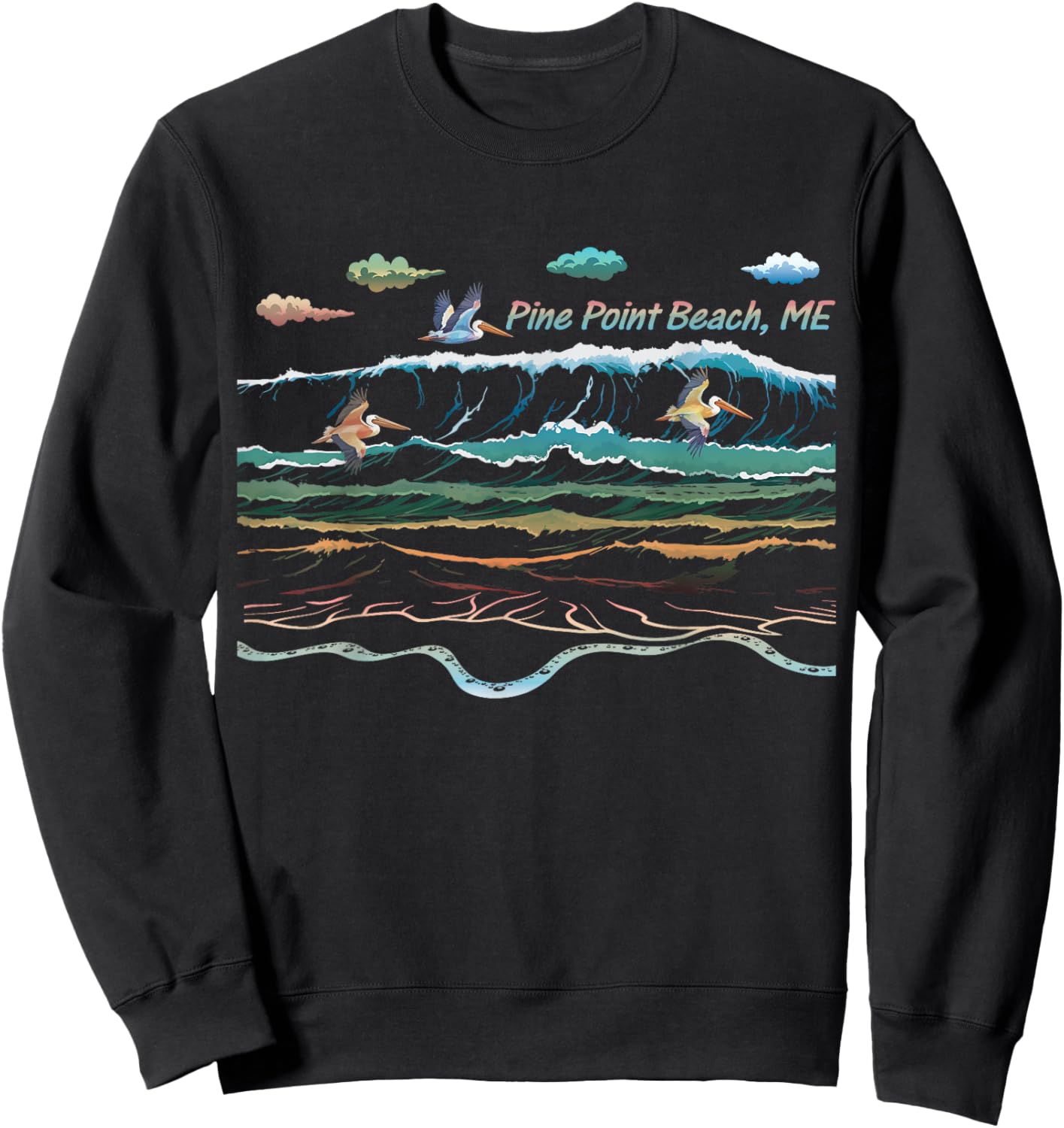 Pine Point Beach ME Beach Maine Beach Waves Pelican Birding Sweatshirt - Sweatshirt | Black