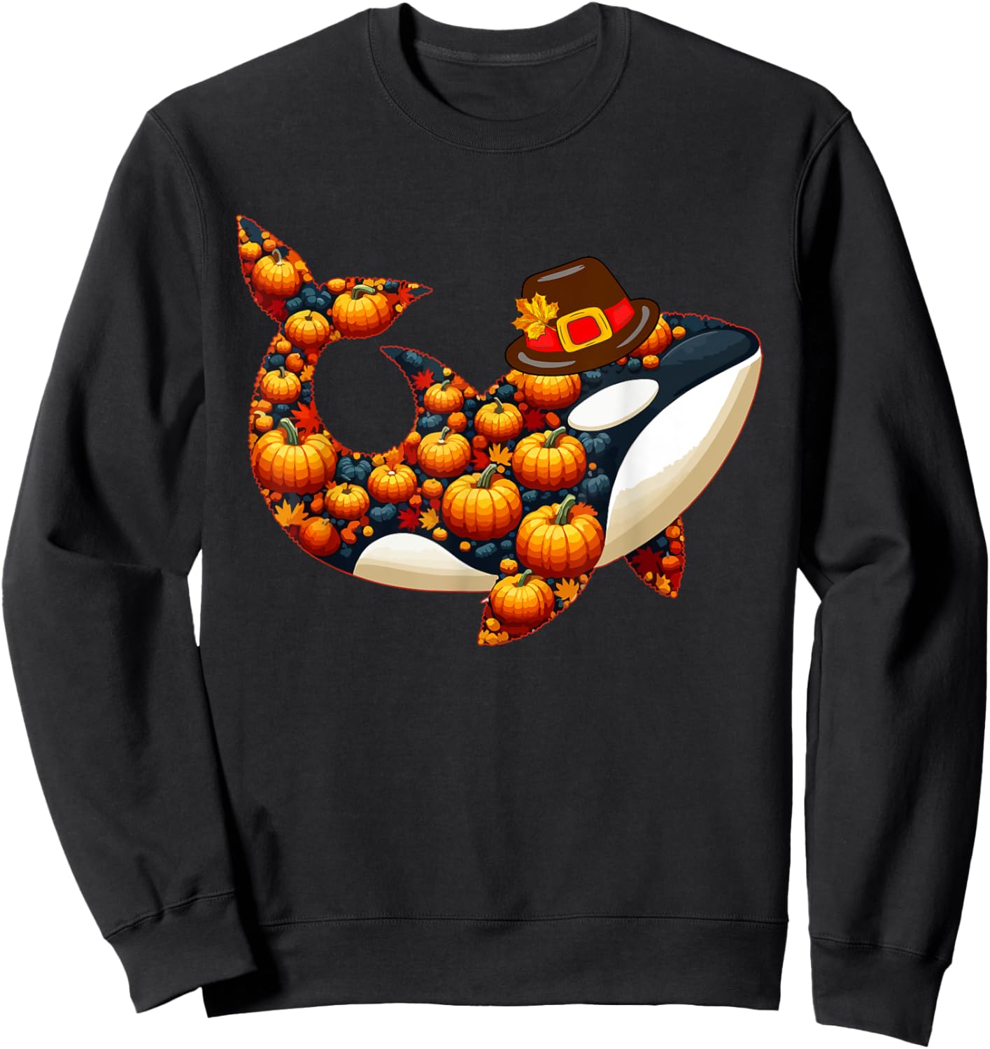 Fall Leaves Pumpkins Orca Cute Shape Thanksgiving Animal Sweatshirt - Sweatshirt | Black