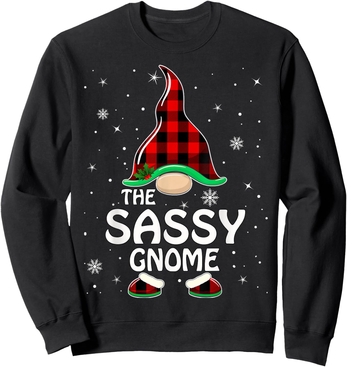 Sassy Gnome Buffalo Plaid Matching Family Christmas Pajama Sweatshirt - Sweatshirt | Black