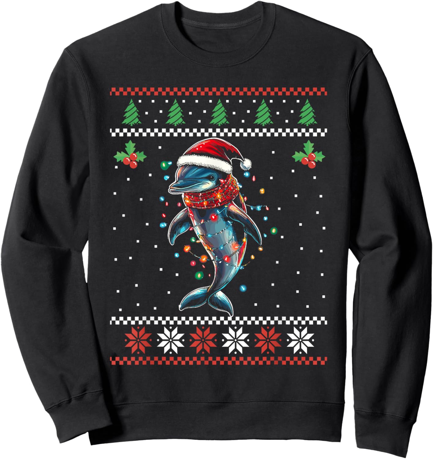 Dolphin Christmas Lights Santa Ugly Christmas Sweater Xmas Sweatshirt - Sweatshirt | Black