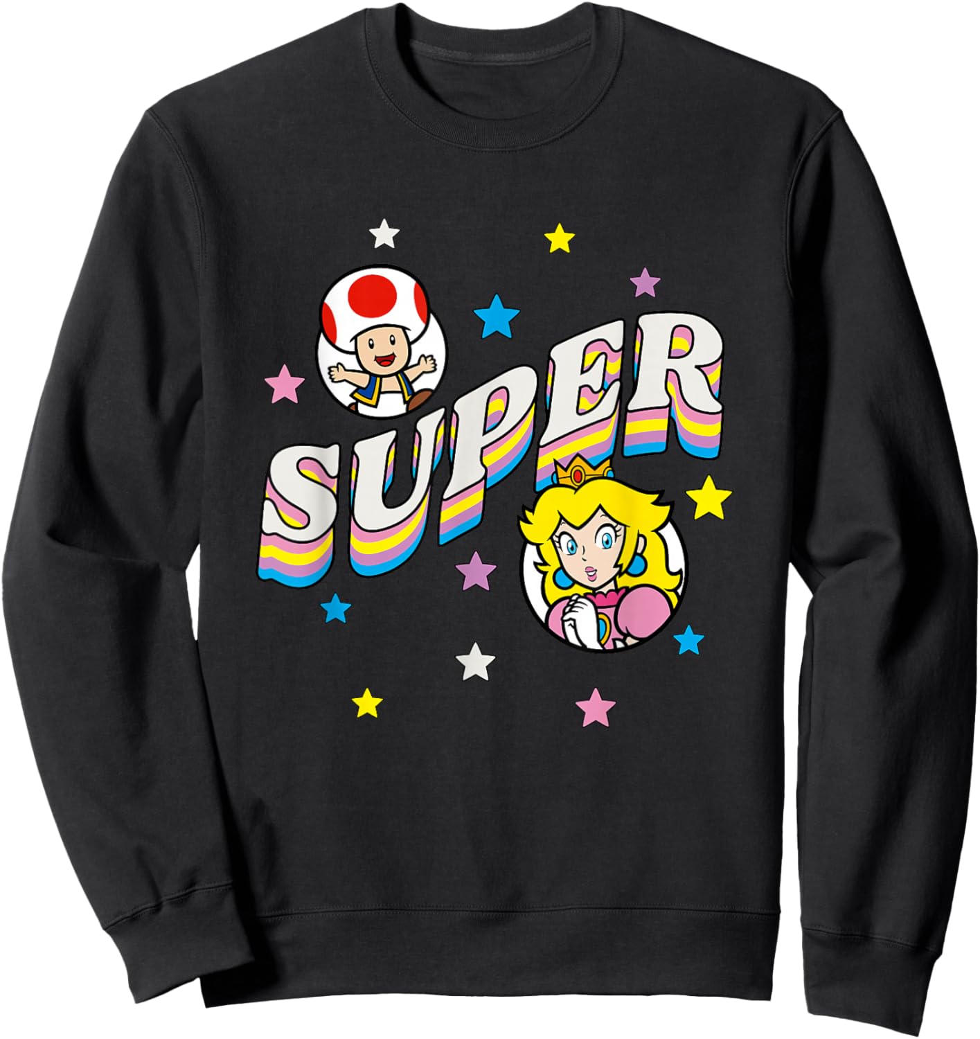 Super Mario Bros Princess Peach & Toad Super Star Text Sweatshirt - Sweatshirt | Black