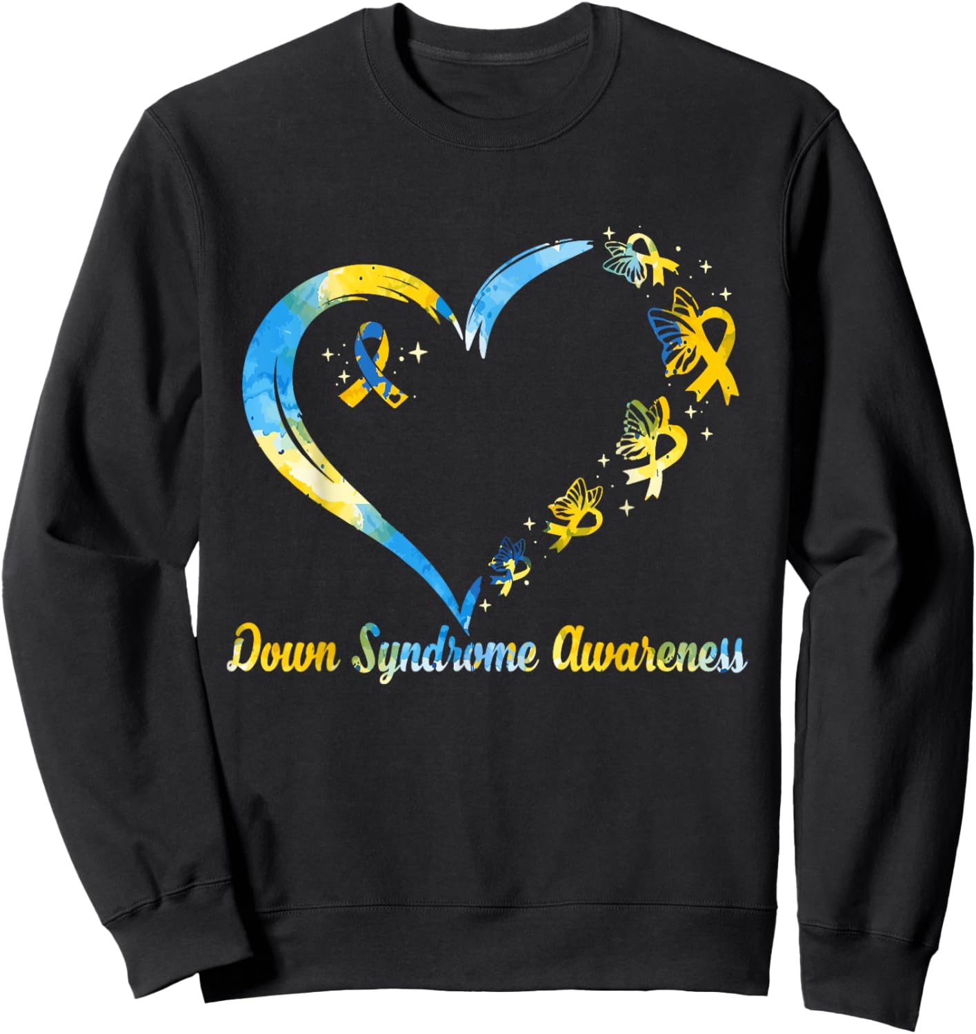 Rainbow Heart Down Syndrome Awareness Blue Yellow Ribbon Sweatshirt - Sweatshirt | Black