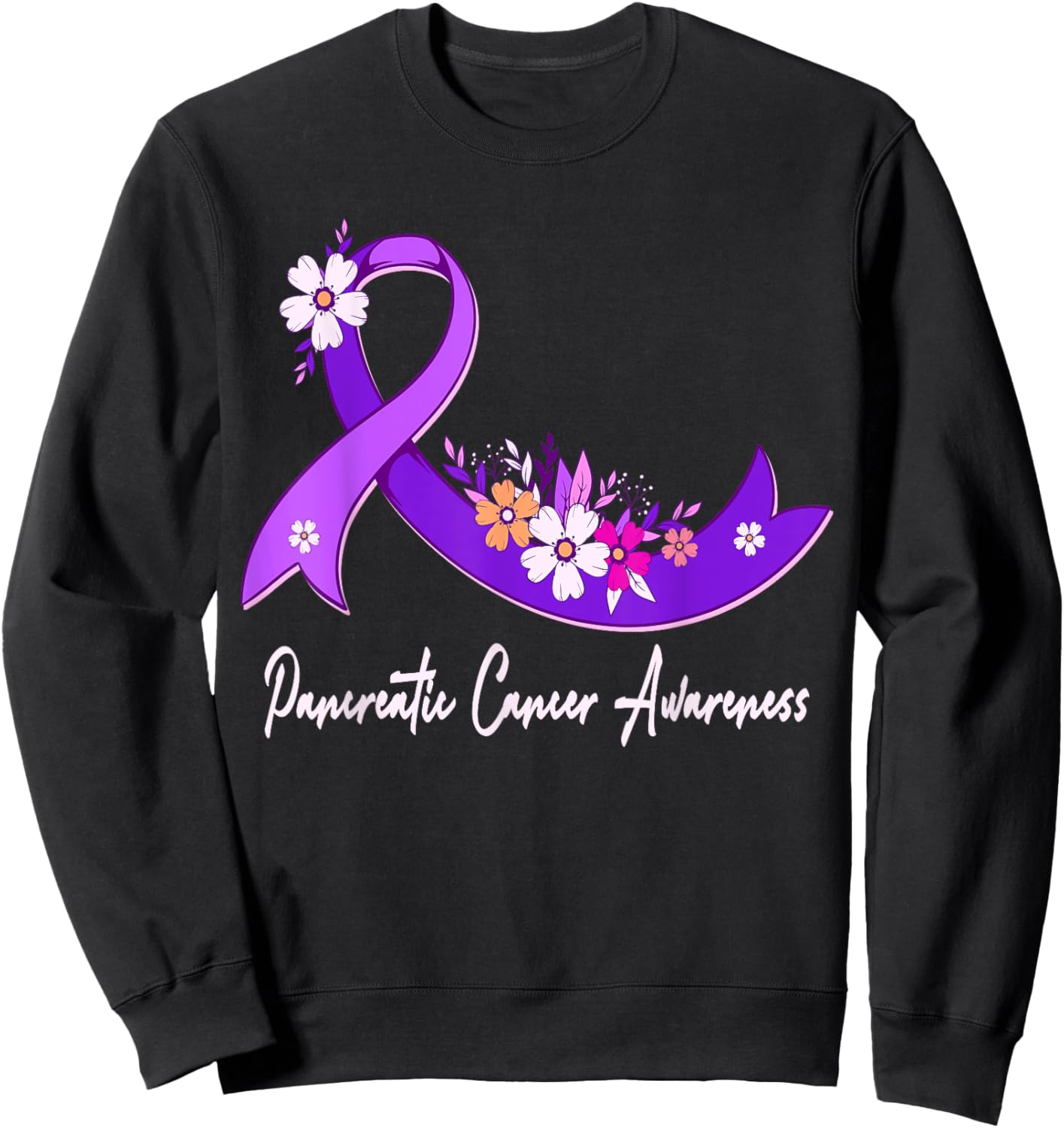Pancreatic Cancer Awareness Floral Purple Ribbon Support Sweatshirt - Sweatshirt | Black