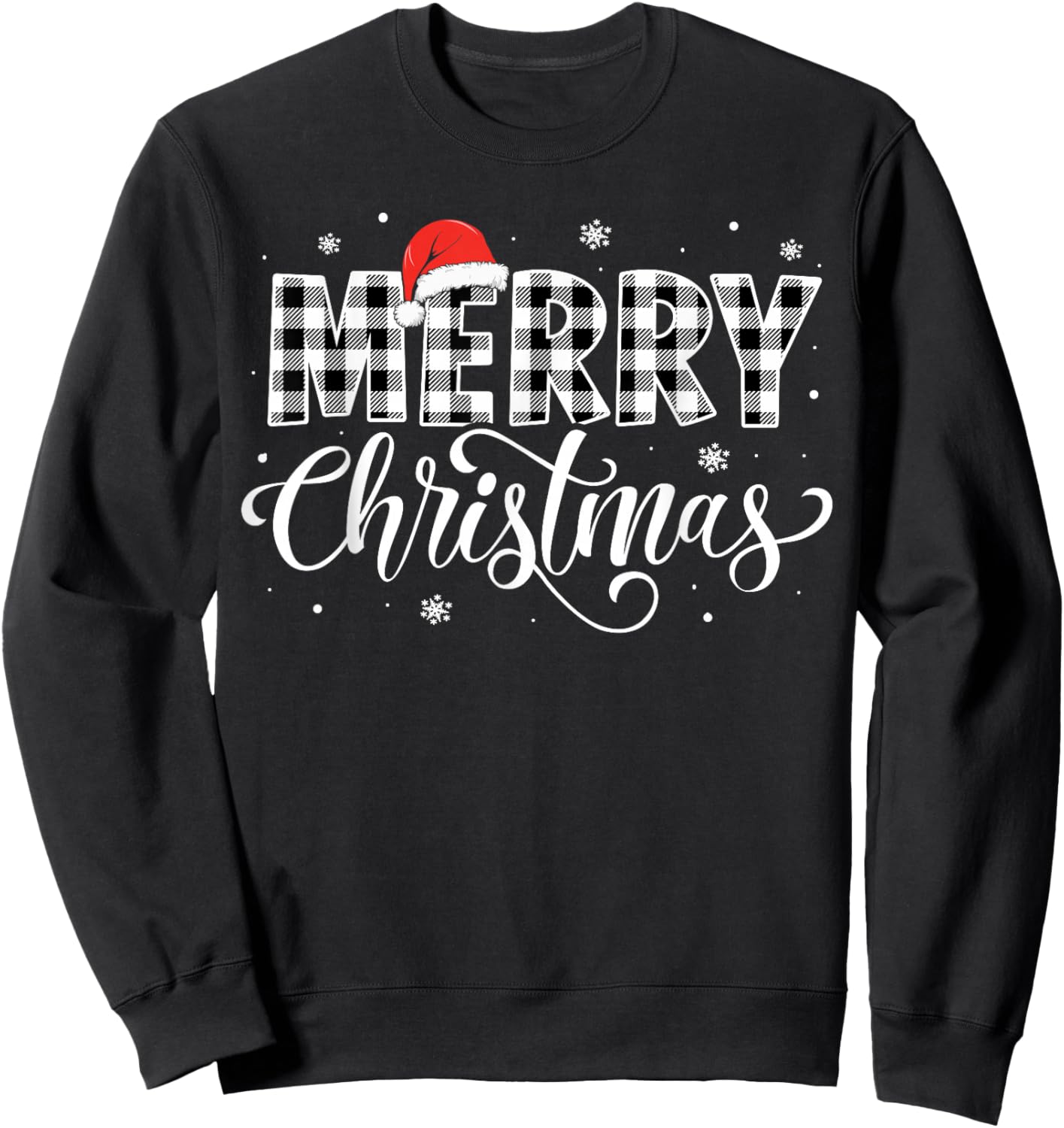 Merry Christmas Buffalo Plaid Black and White Santa Hat Xmas Sweatshirt - Sweatshirt | Black