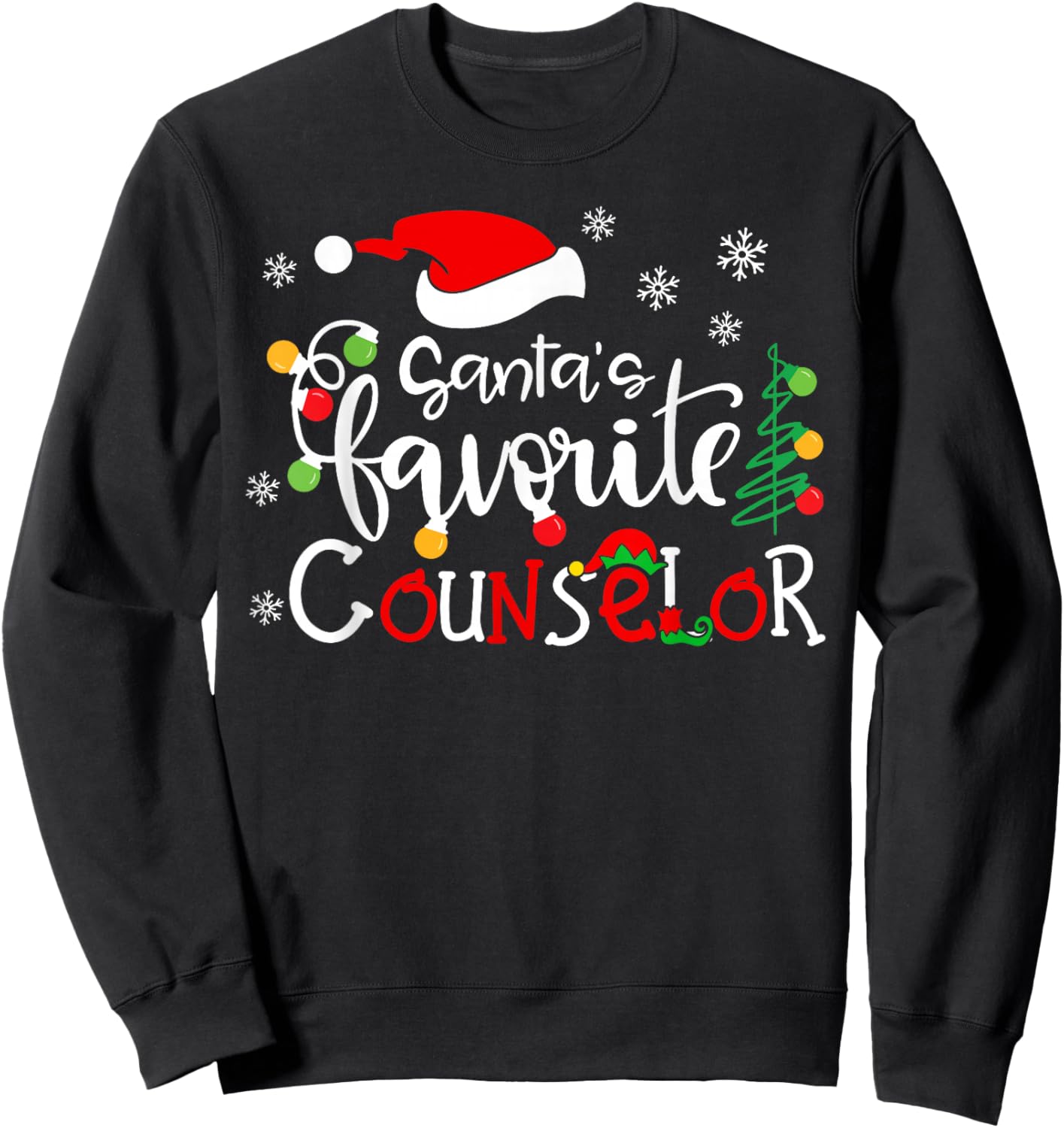 Santas Favorite Counselor Funny Christmas Santa Hat Lights Sweatshirt - Sweatshirt | Black