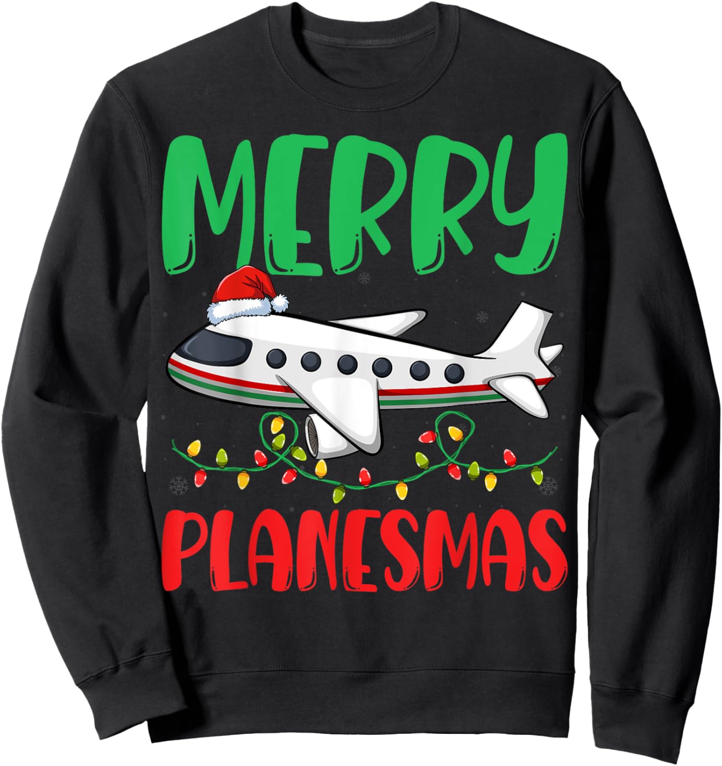 Merry Planesmas Xmas Lights Airplane Pilots Christmas Sweatshirt - Sweatshirt | Black