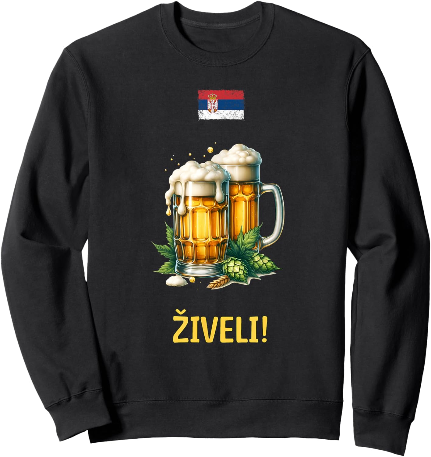 Živeli! Cheers in Serbian with Beer Mugs and Flag Sweatshirt - Sweatshirt | Black