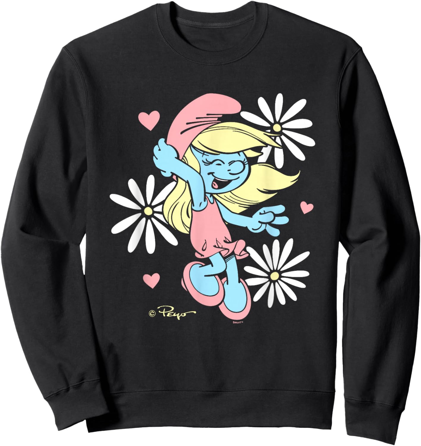 The Smurfs Cute Daisy Smurf Smurfette Retro Big Chest Logo Sweatshirt - Sweatshirt | Black