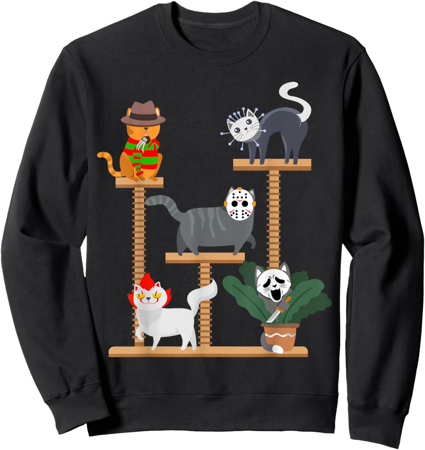Horror Cat Playing on Tree Halloween Cat Lover Gift Sweatshirt - Sweatshirt | Black