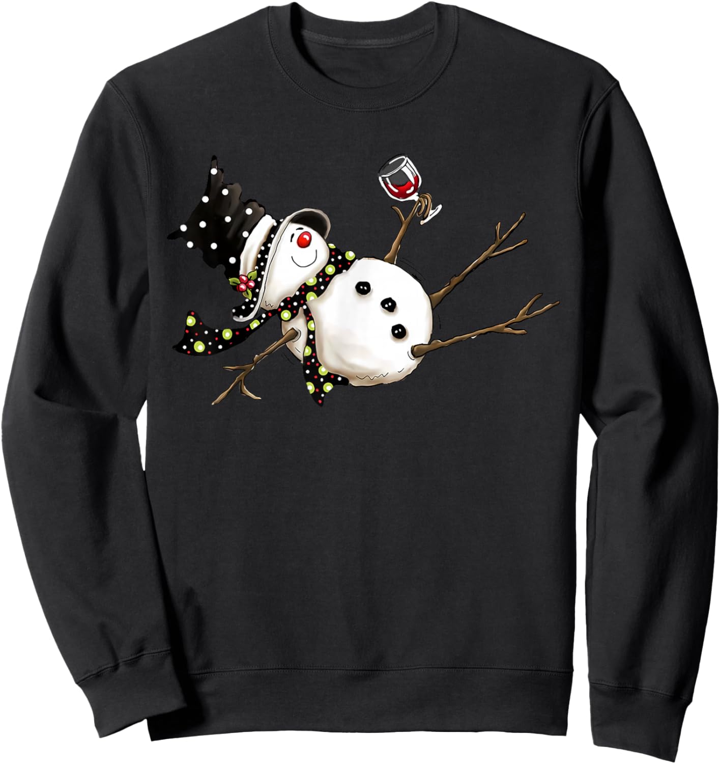 Funny Drunk Snowman Drinking Wine Glass Merry Christmas Sweatshirt - Sweatshirt | Black