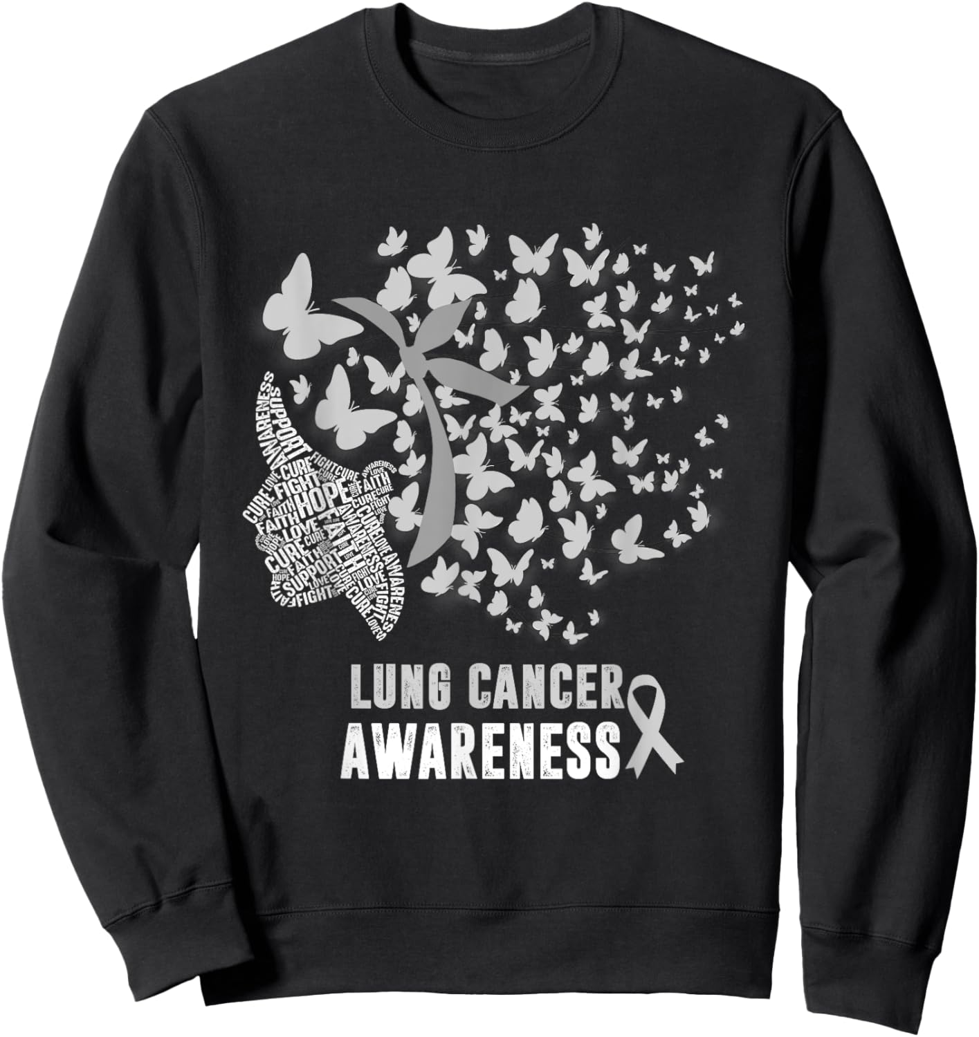 Lung Cancer Awareness Messy Butterfly White Ribbon Sweatshirt - Sweatshirt | Black