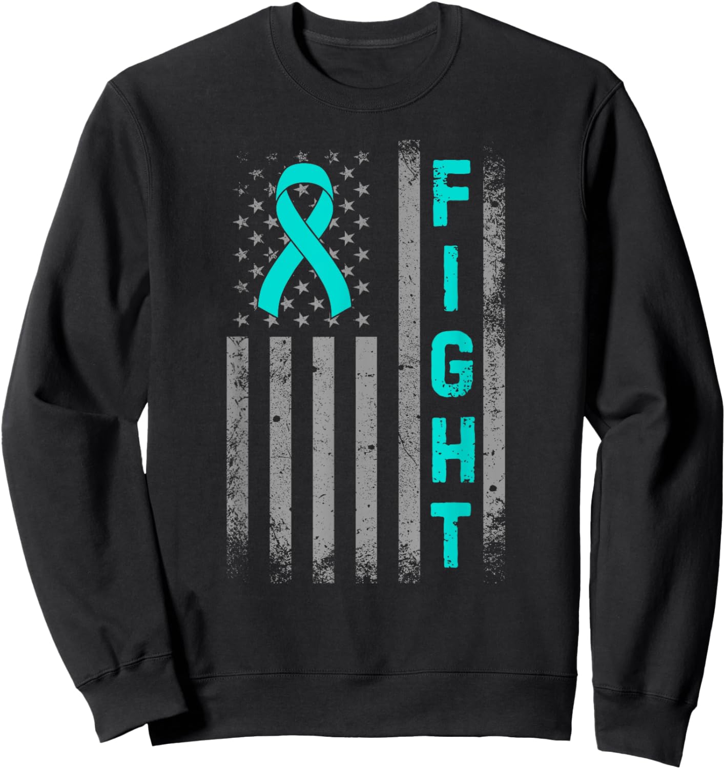 Fight Ovarian Cancer Awareness American US Flag Teal Ribbon Sweatshirt - Sweatshirt | Black