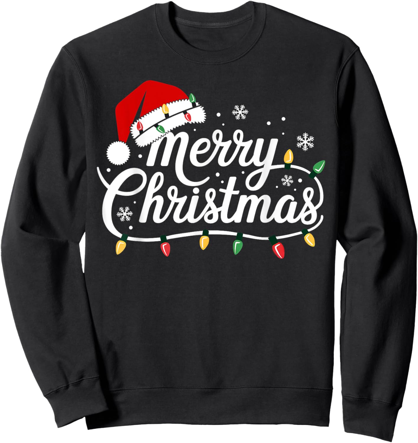 Merry Christmas Lights Red Santa Hat Xmas Family Men Women Sweatshirt - Sweatshirt | Black
