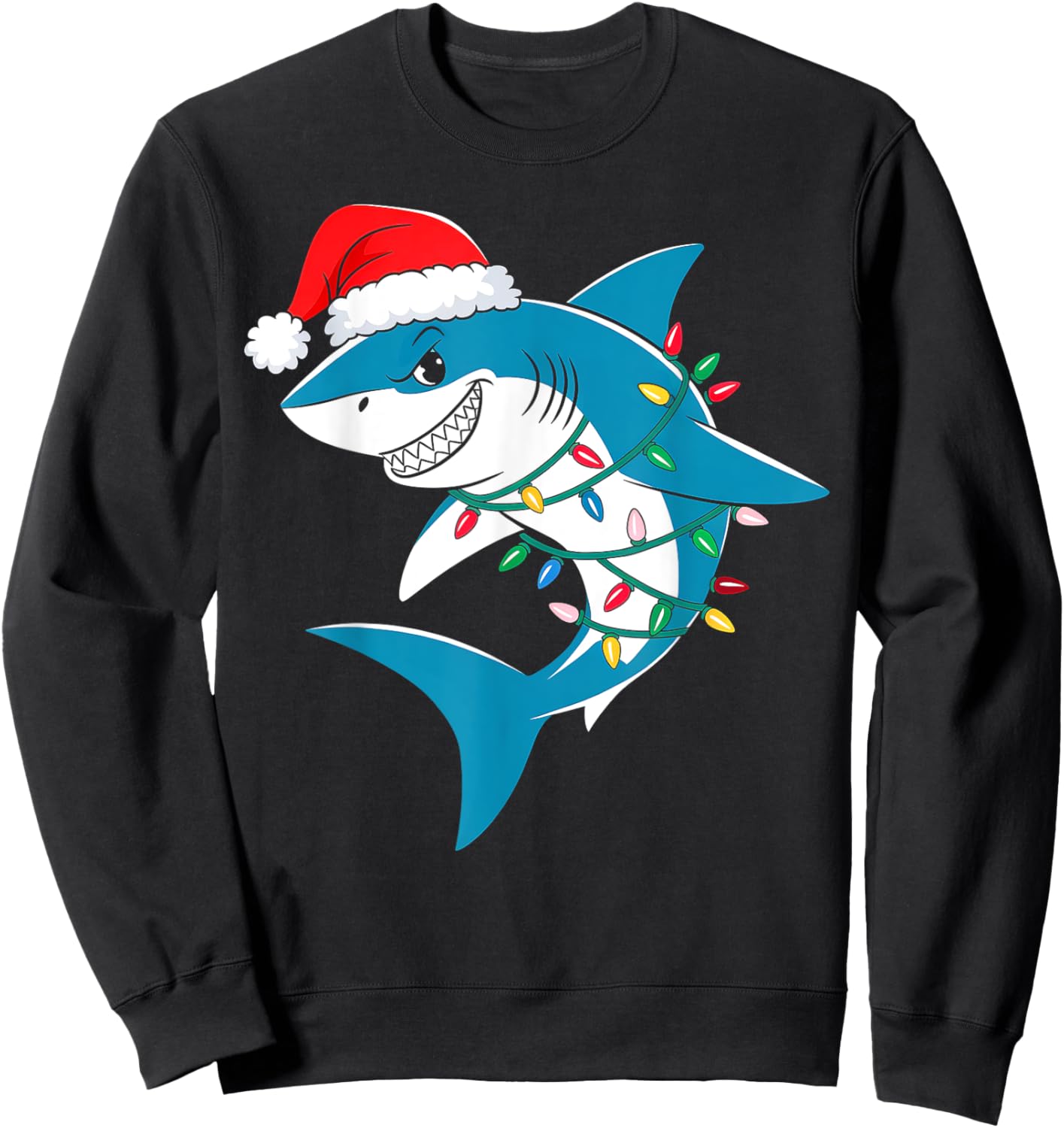 Shark Christmas Lights Santa Hat Xmas Pajama Boys Girls Kids Sweatshirt - Sweatshirt | Black