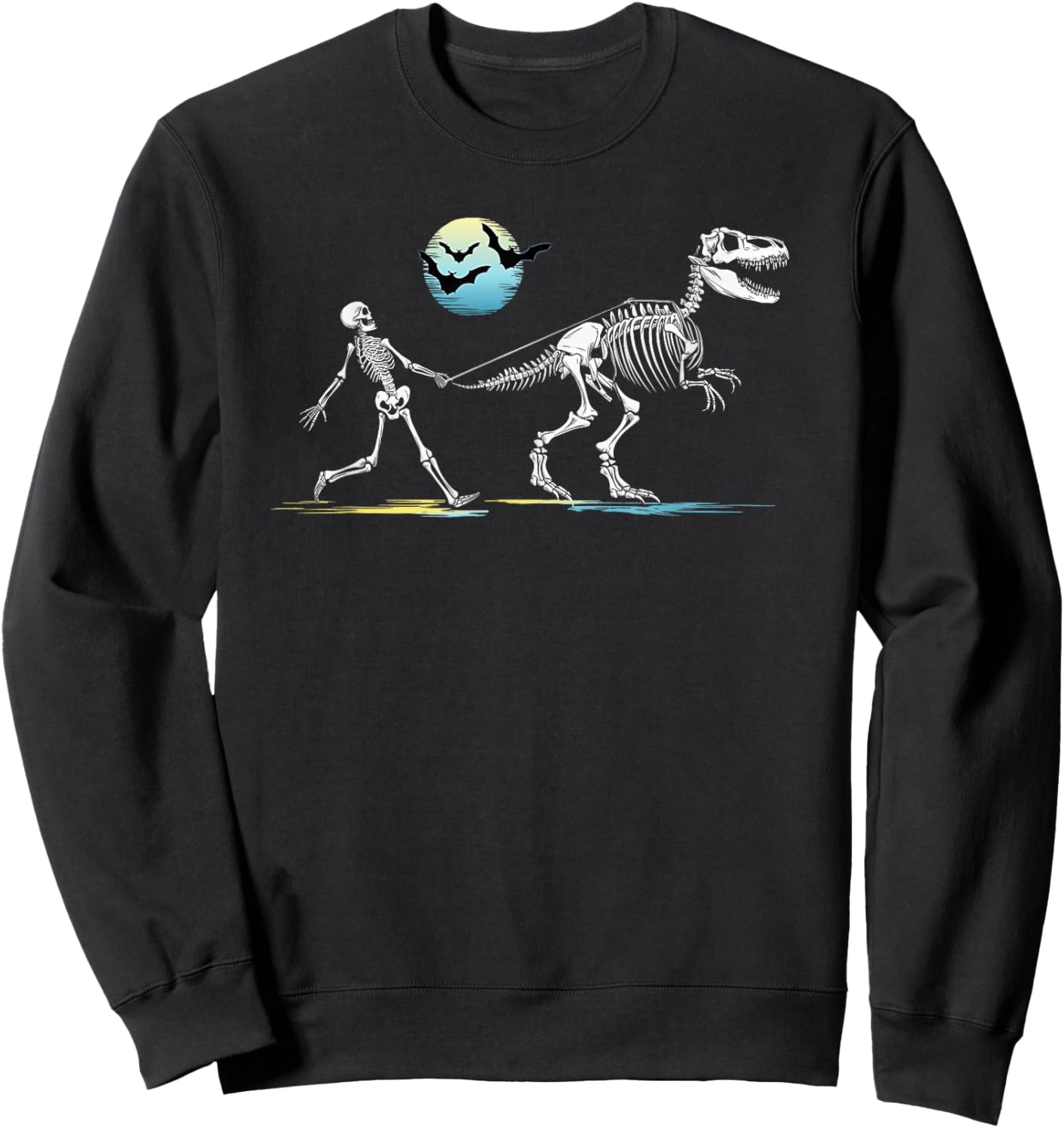 Skeleton Walking a T-Rex Dinosaur Boys Girls Funny Halloween Sweatshirt - Sweatshirt | Black