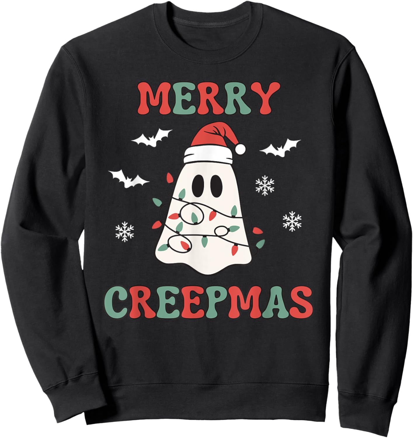 Merry Creepmas Christmas Ghost Wrapped in Lights Cute Kawaii Sweatshirt - Sweatshirt | Black
