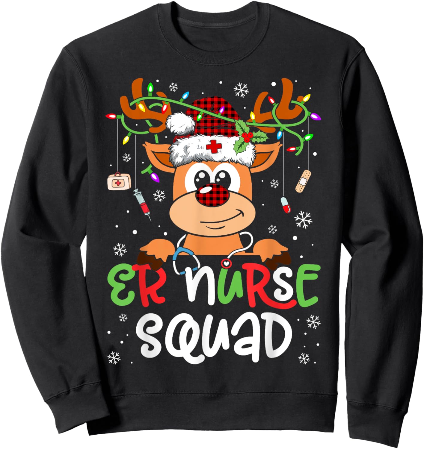 Reindeer Christmas ER Nurse Squad Stethoscope Nurse Sweatshirt - Sweatshirt | Black