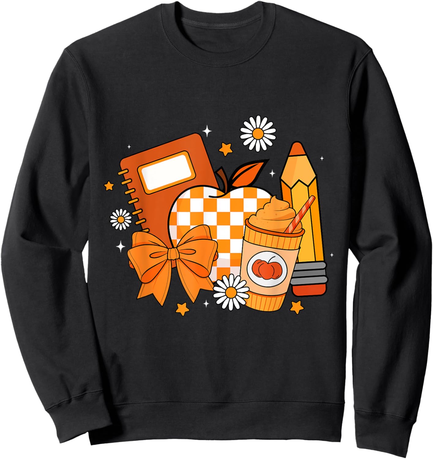 Retro Coquette Bow Pencil Teacher Fall Season Thanksgiving Sweatshirt - Sweatshirt | Black