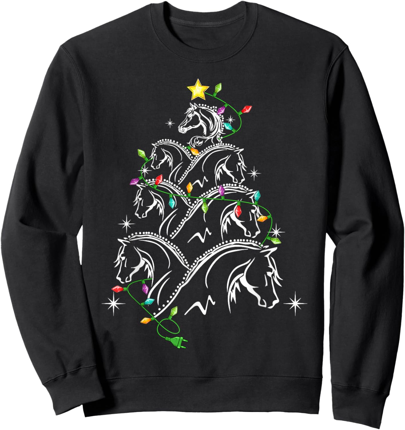 Horse Christmas Tree Xmas Lighting , -Adults/Kids, Black, Small, Short Sleeve Sweatshirt - Sweatshirt | Black