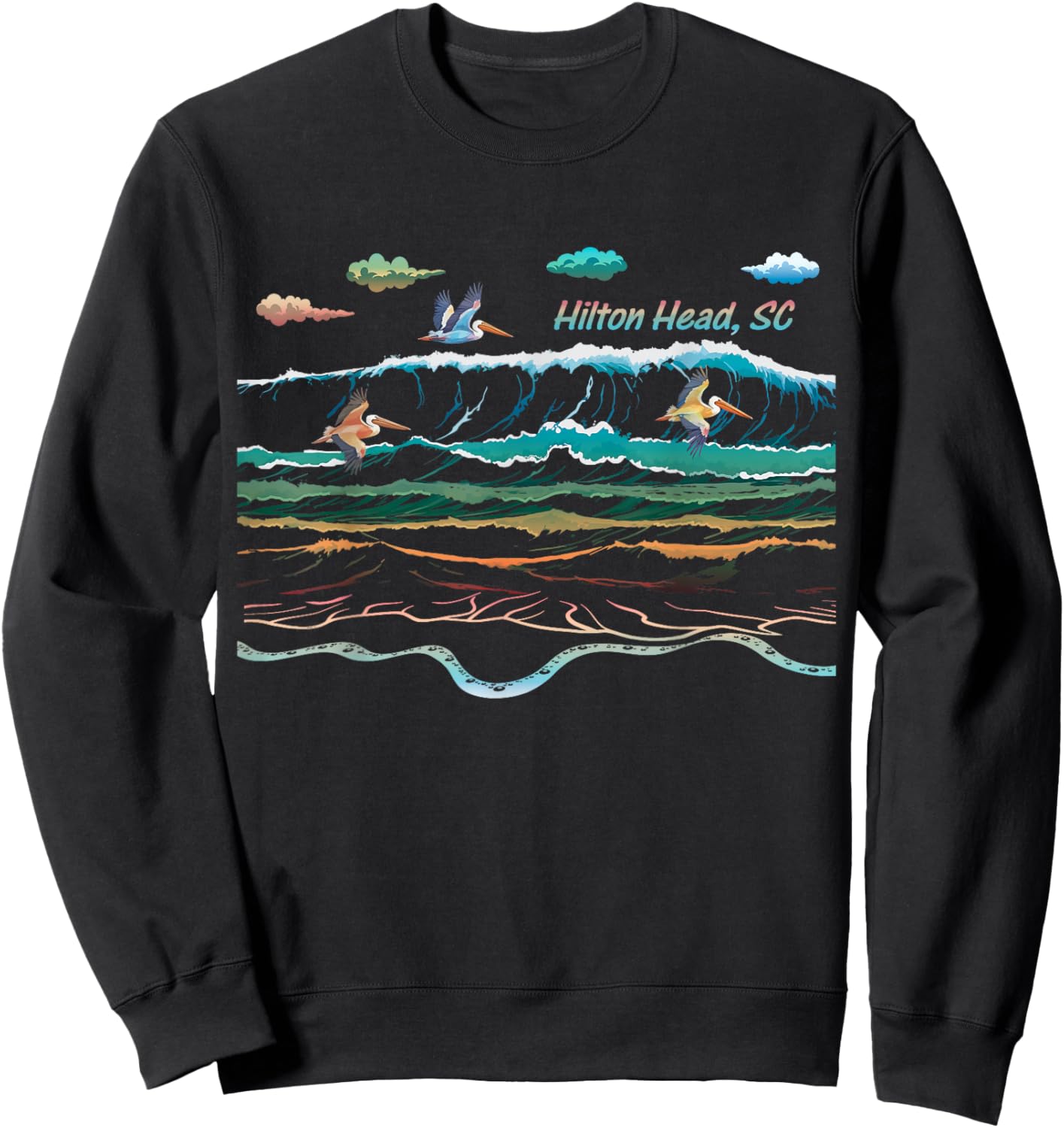 Hilton Head SC South Carolina Waves Pelican Bird Watcher Sweatshirt - Sweatshirt | Black