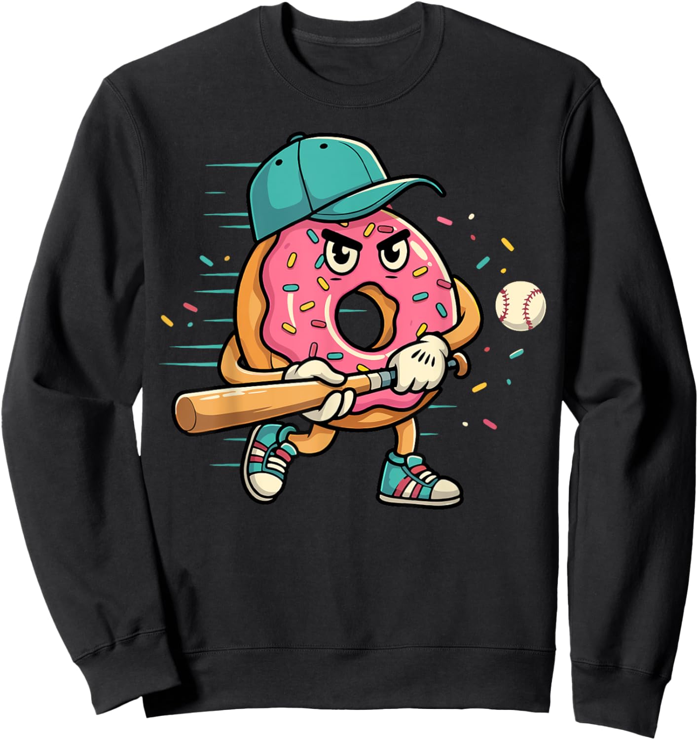Donut Playing Baseball Dessert Food Lover Sports Fan Player Sweatshirt - Sweatshirt | Black