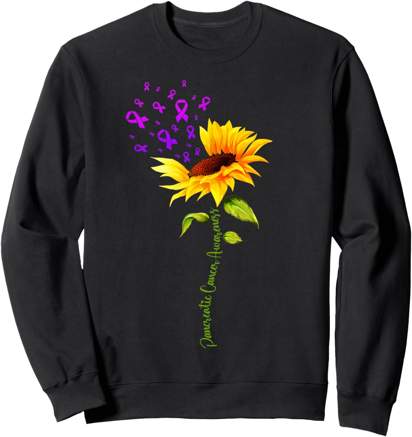 Pancreatic Cancer Awareness Sunflower Purple Ribbon Support Sweatshirt - Sweatshirt | Black