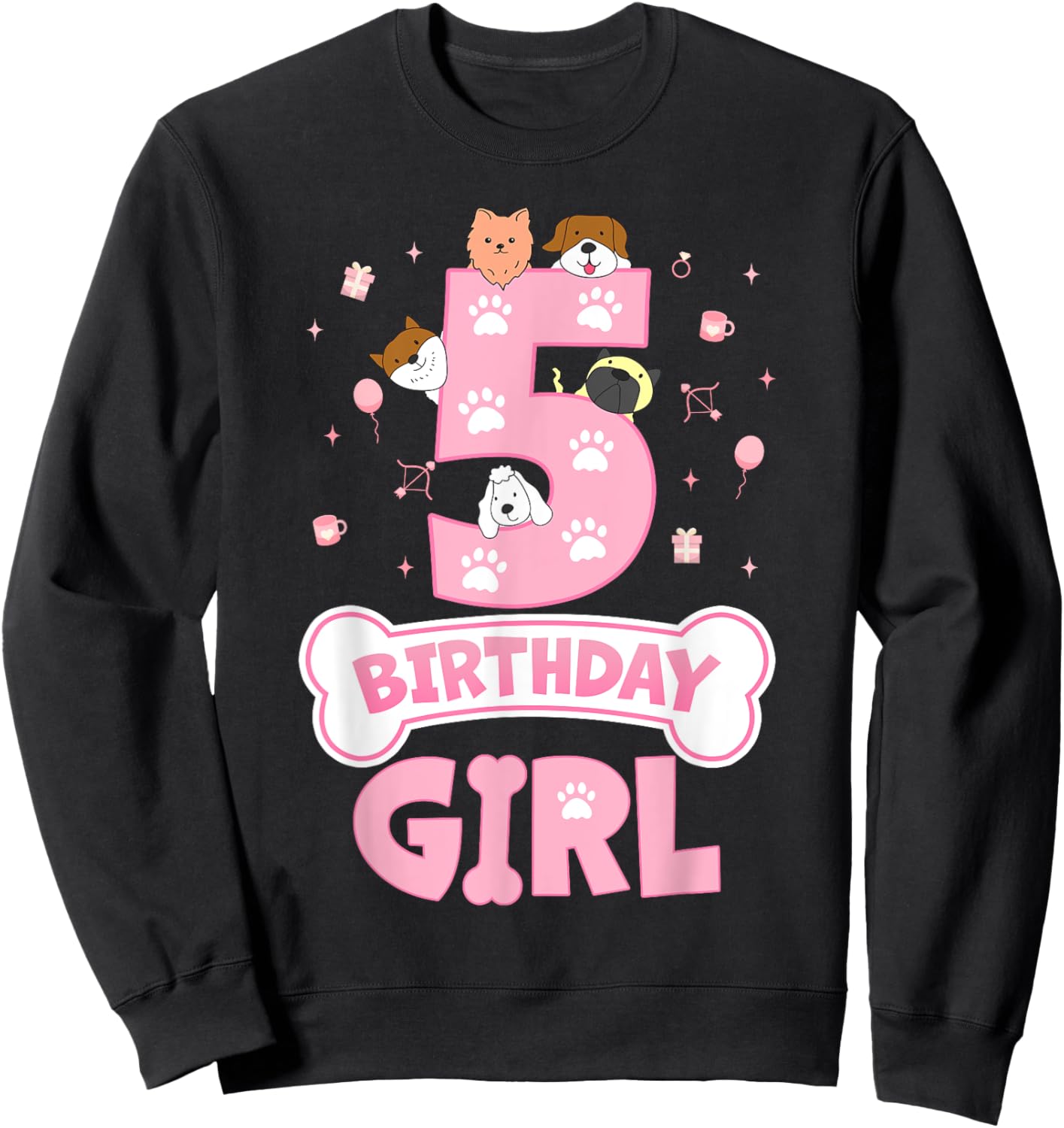 5th Birthday Girl Dog Themed Party 5 Year Old Girl Dog Lover Sweatshirt - Sweatshirt | Black