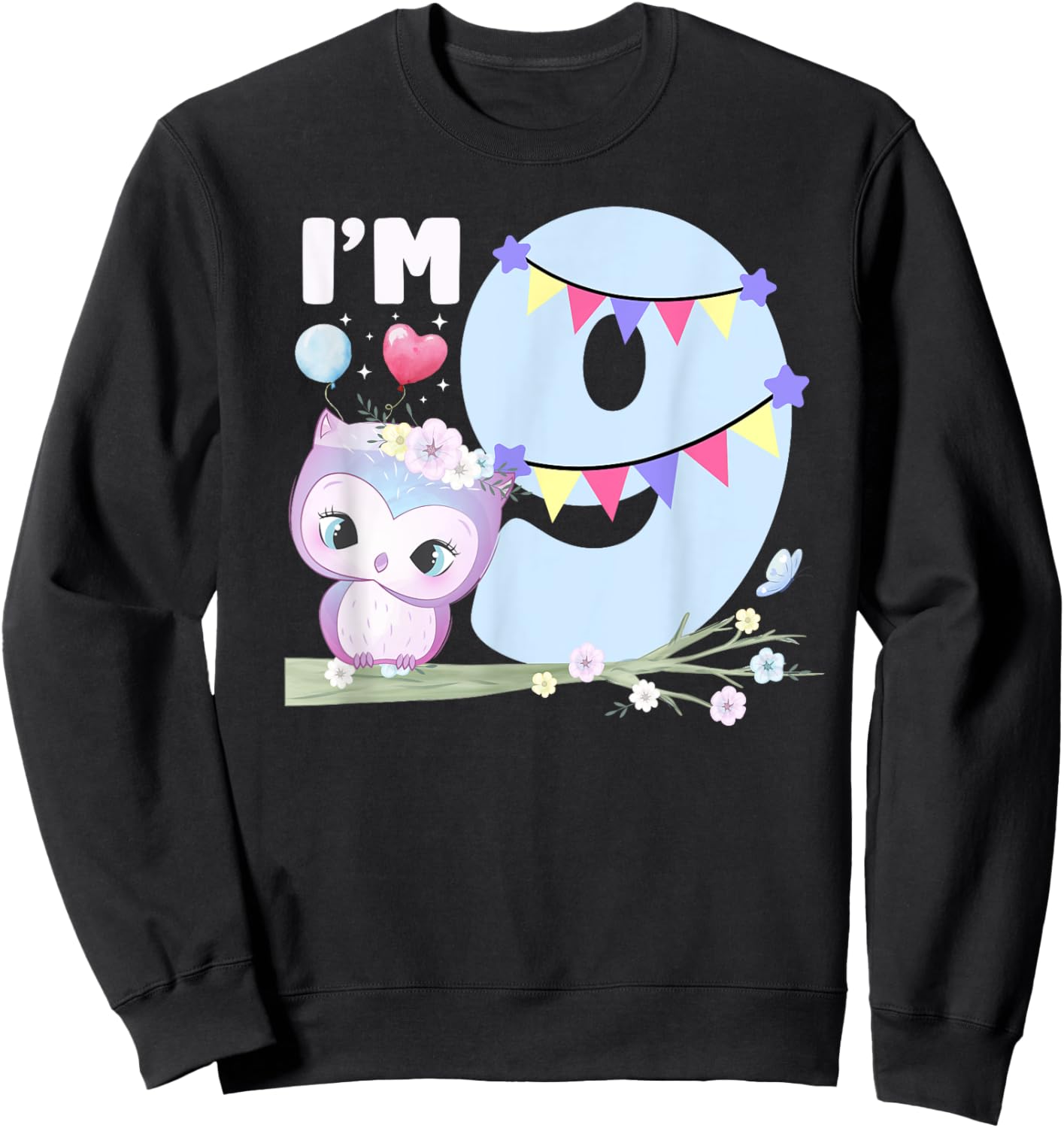 9th Owl Birthday Party Nine Year Old Girl Owl Birthday Sweatshirt - Sweatshirt | Black
